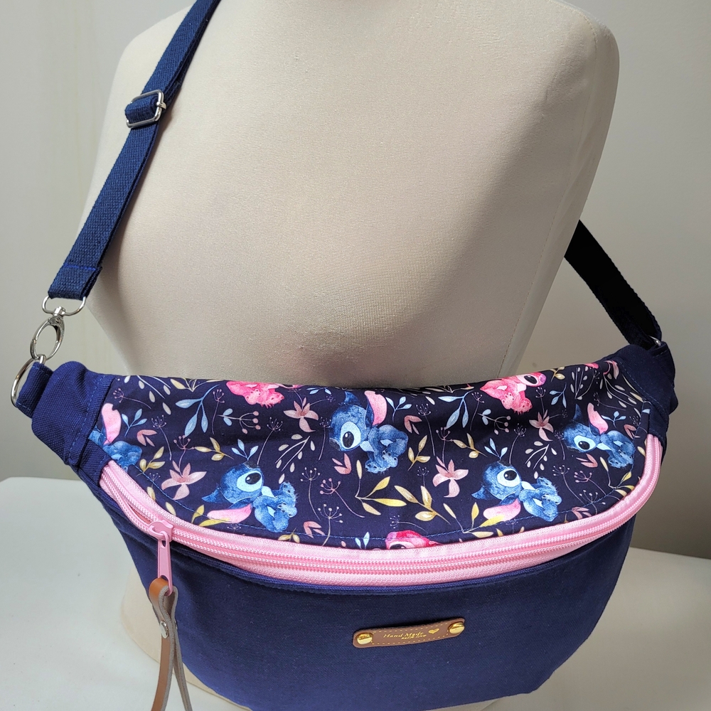 Navy and Pink Stitch Fabric Floral Hip Bag Crossbody Bag